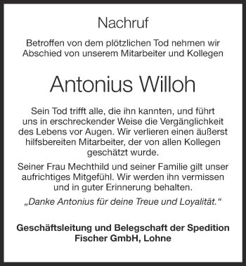 Anzeige von Antonius Willoh von OM-Medien