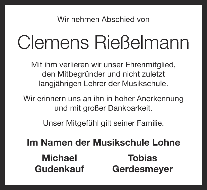  Traueranzeige für Clemens Rießelmann vom 02.09.2021 aus OM-Medien