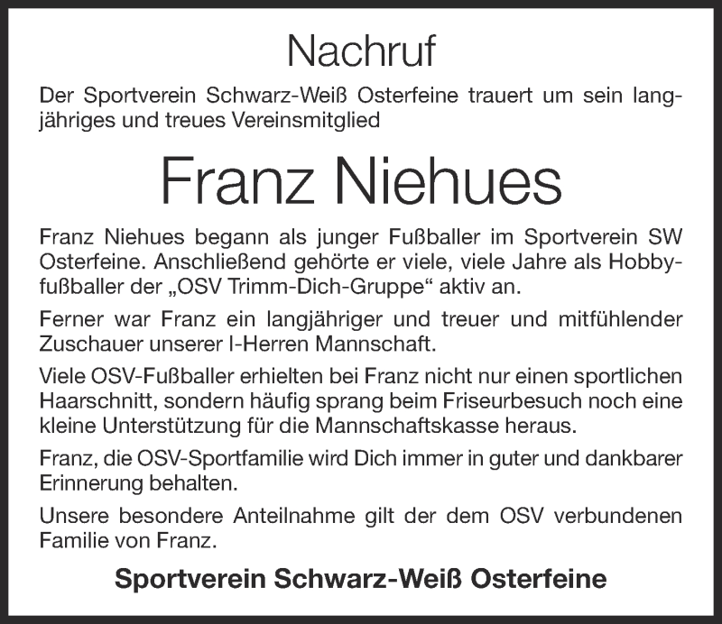  Traueranzeige für Franz Niehues vom 20.08.2021 aus OM-Medien