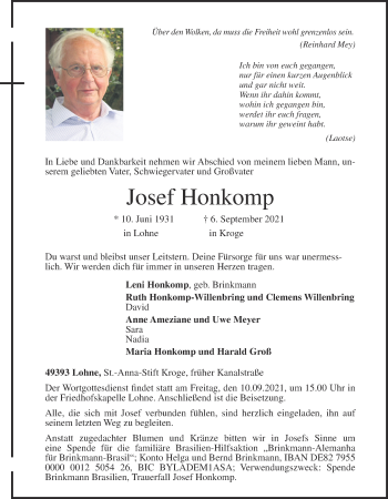 Anzeige von Josef Honkomp von OM-Medien