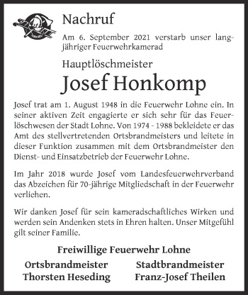 Anzeige von Josef Honkomp von OM-Medien