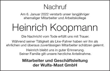 Anzeige von Heinrich Koopmann von OM-Medien