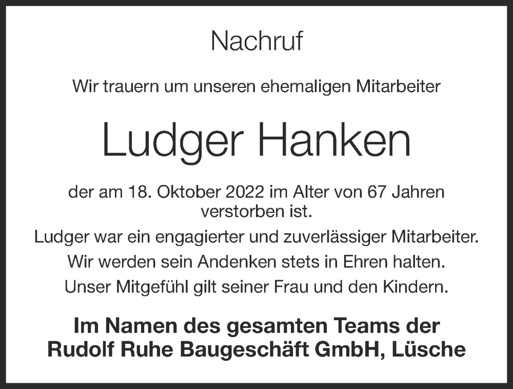  Traueranzeige für Ludger Hanken vom 25.10.2022 aus OM-Medien