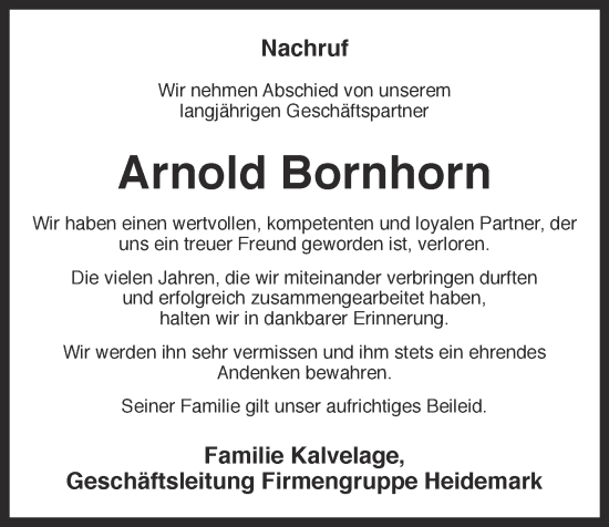 Anzeige von Arnold Bornhorn von OM-Medien