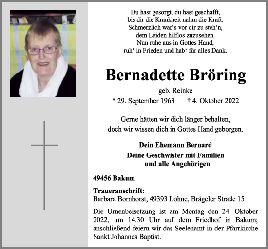 Anzeige von Bernadette Bröring von OM-Medien