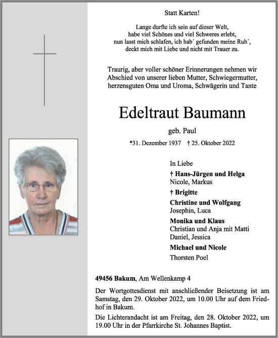 Anzeige von Edeltraut Baumann von OM-Medien