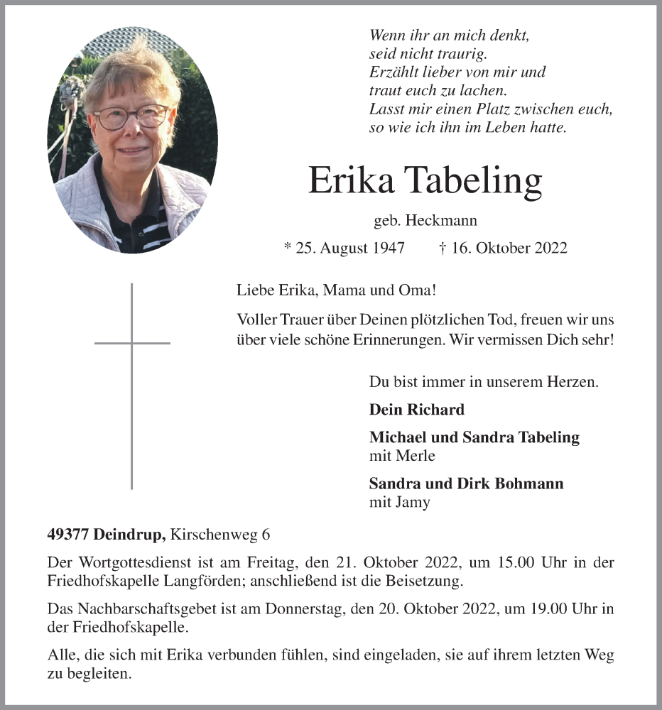  Traueranzeige für Erika Tabeling vom 19.10.2022 aus OM-Medien