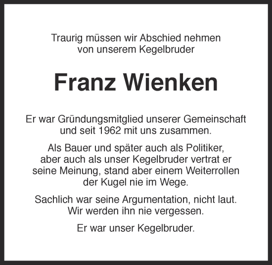 Anzeige von Franz Wienken von OM-Medien