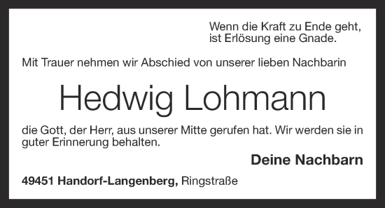 Anzeige von Hedwig Lohmann von OM-Medien