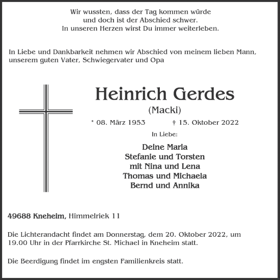 Anzeige von Heinrich Gerdes von OM-Medien