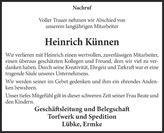 Anzeige von Heinrich Künnen von OM-Medien