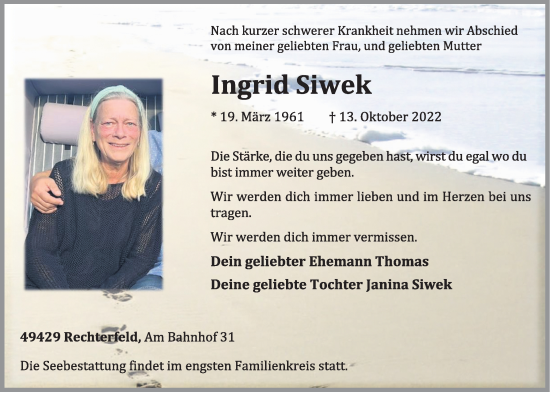 Anzeige von Ingrid Siwek von OM-Medien