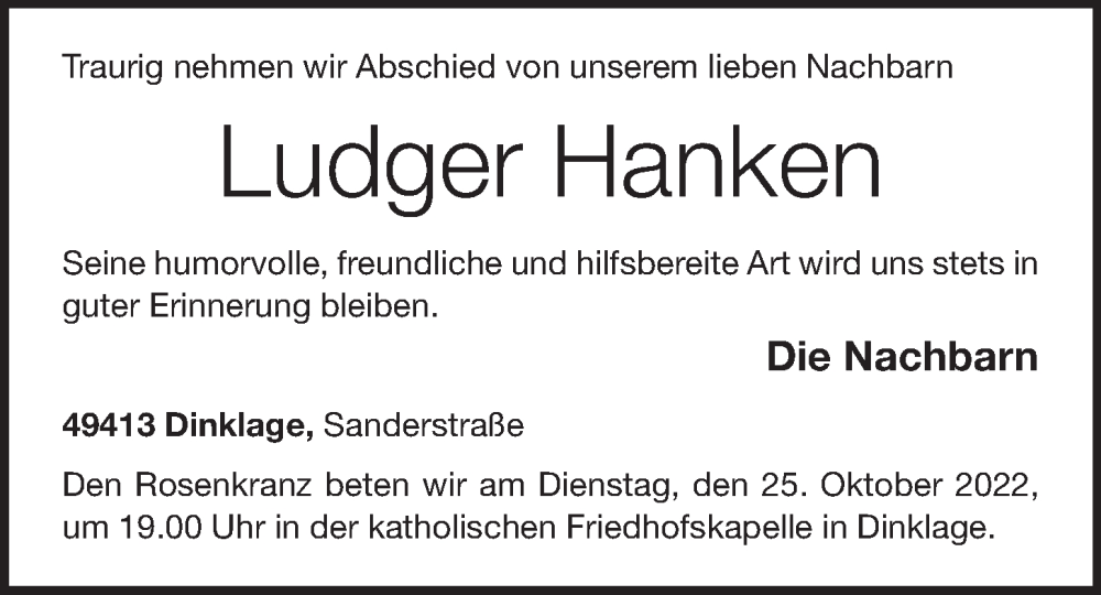  Traueranzeige für Ludger Hanken vom 21.10.2022 aus OM-Medien