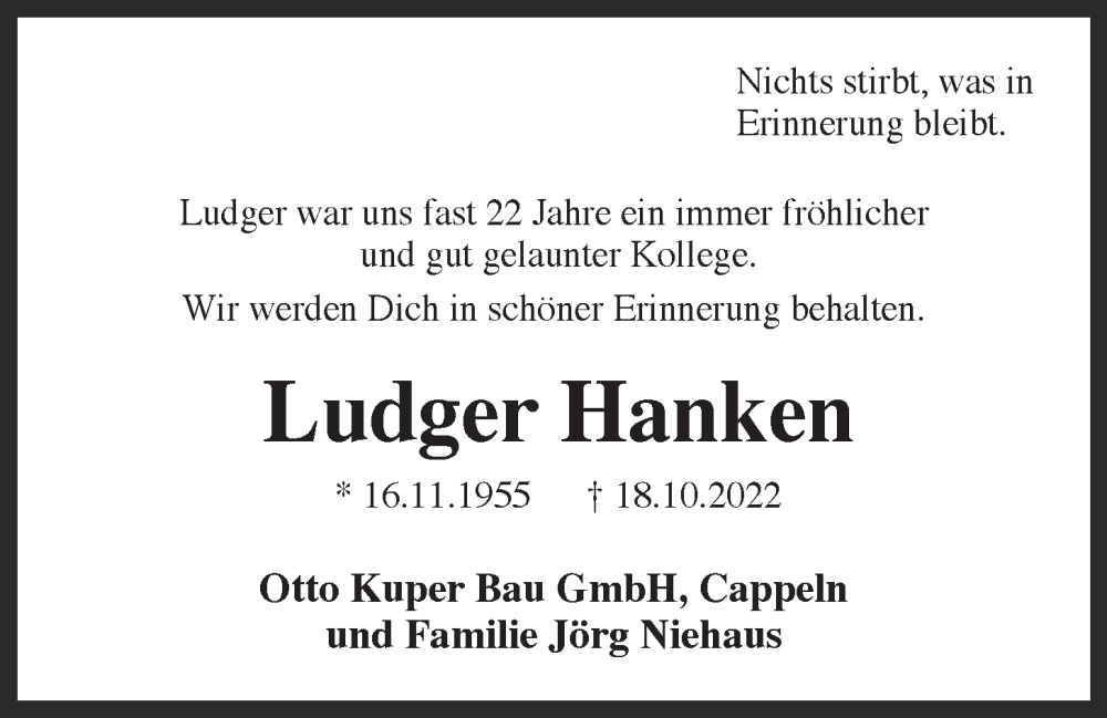  Traueranzeige für Ludger Hanken vom 24.10.2022 aus OM-Medien