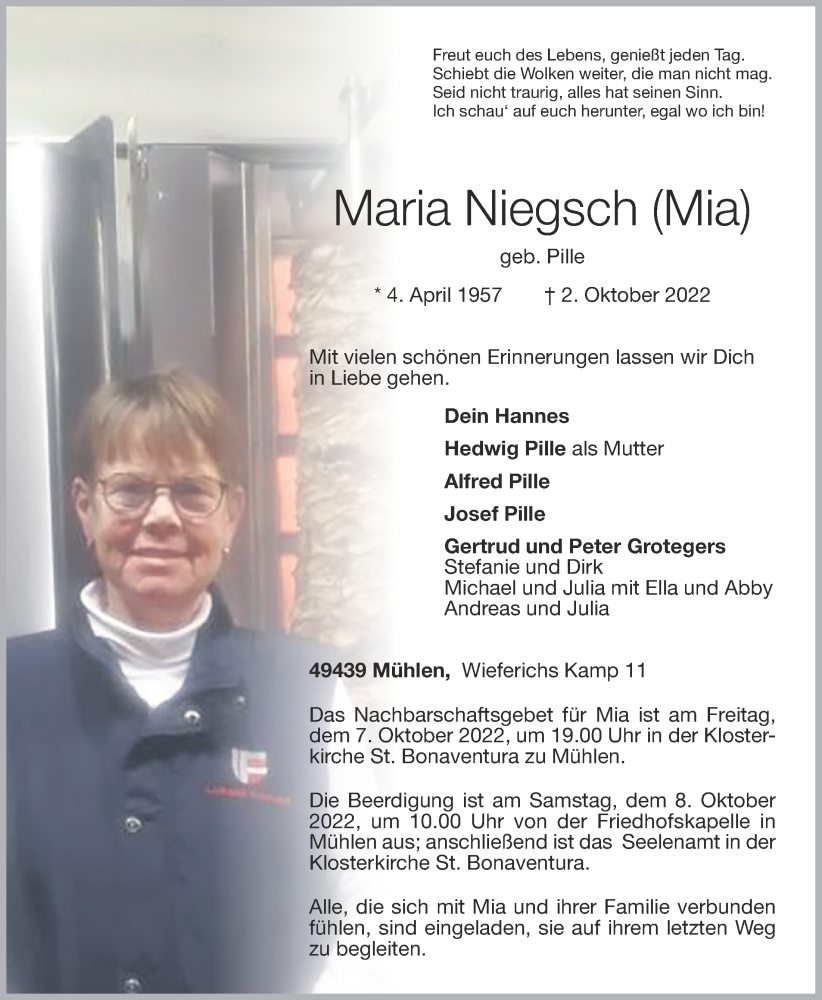  Traueranzeige für Maria Niegsch vom 05.10.2022 aus OM-Medien