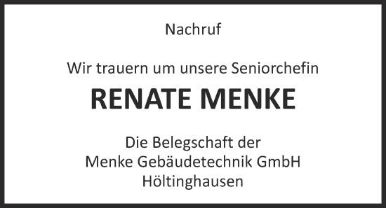 Anzeige von Renate Menke von OM-Medien