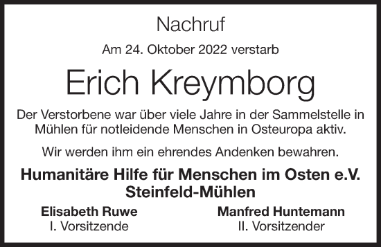 Anzeige von Erich Kreymborg von OM-Medien