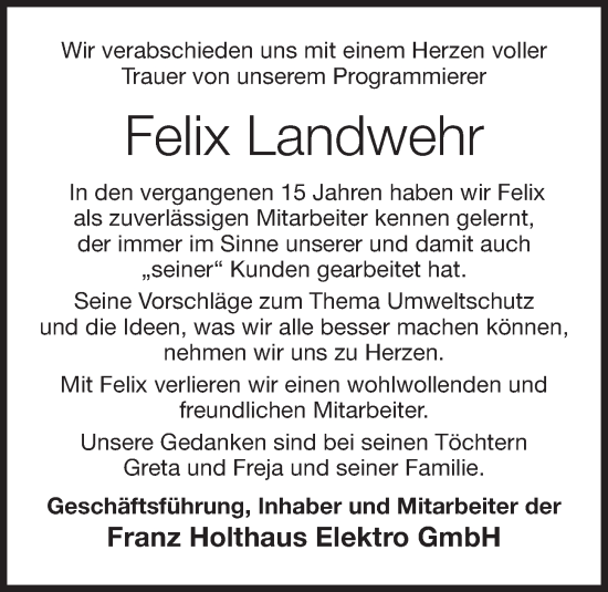 Anzeige von Felix Landwehr von OM-Medien