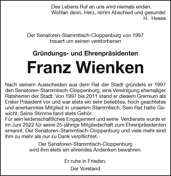 Anzeige von Franz Wienken von OM-Medien