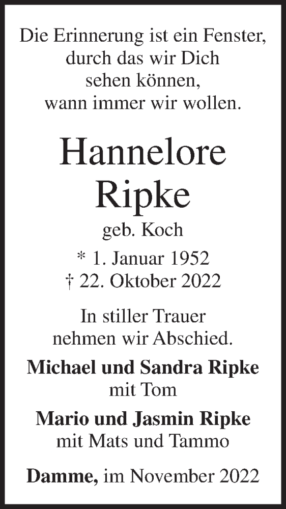  Traueranzeige für Hannelore Ripke vom 12.11.2022 aus OM-Medien