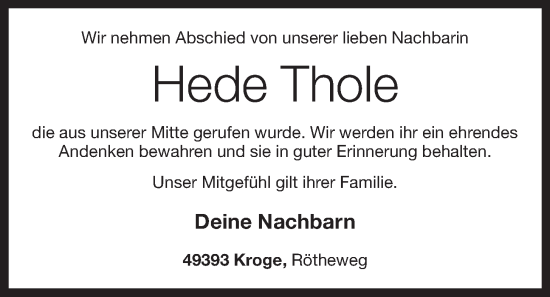 Anzeige von Hede Thole von OM-Medien