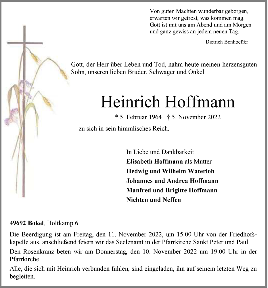  Traueranzeige für Heinrich Hoffmann vom 08.11.2022 aus OM-Medien