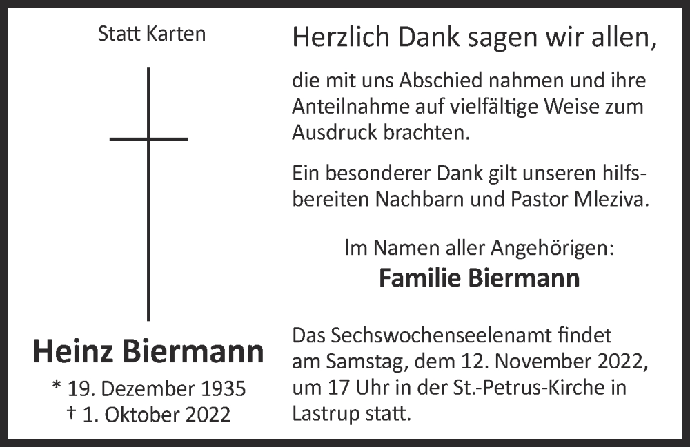  Traueranzeige für Heinz Biermann vom 10.11.2022 aus OM-Medien