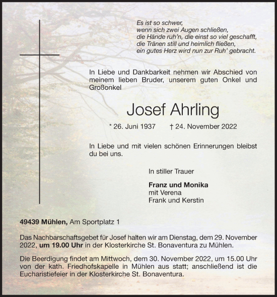 Anzeige von Josef Ahrling von OM-Medien