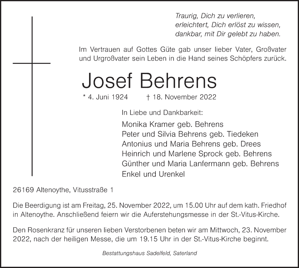  Traueranzeige für Josef Behrens vom 21.11.2022 aus OM-Medien