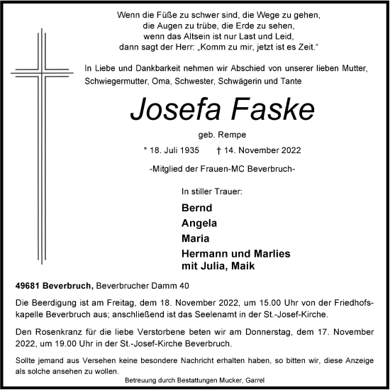 Anzeige von Josefa Faske von OM-Medien