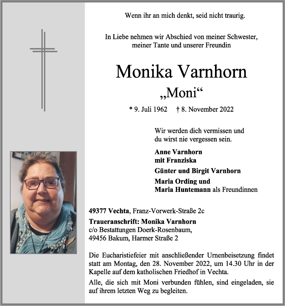  Traueranzeige für Monika Varnhorn vom 23.11.2022 aus OM-Medien