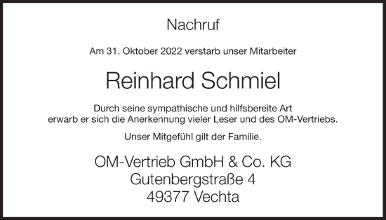 Anzeige von Reinhard Schmiel von OM-Medien