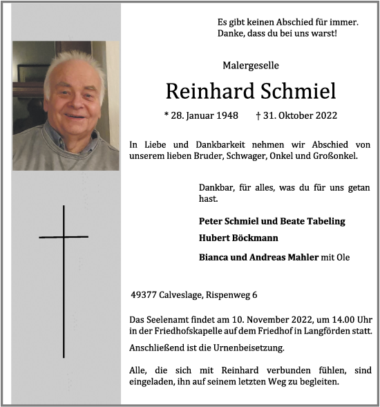 Anzeige von Reinhard Schmiel von OM-Medien