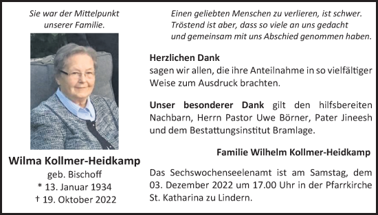 Anzeige von Wilma Kollmer-Heidkamp von OM-Medien