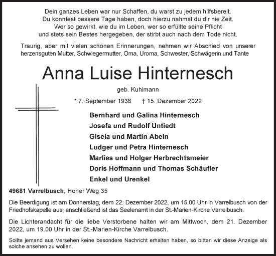 Anzeige von Anna Luise Hinternesch von OM-Medien