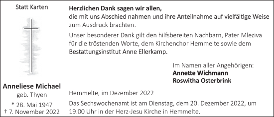 Anzeige von Anneliese Michael von OM-Medien