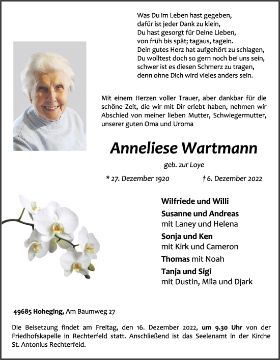 Anzeige von Anneliese Wartmann von OM-Medien