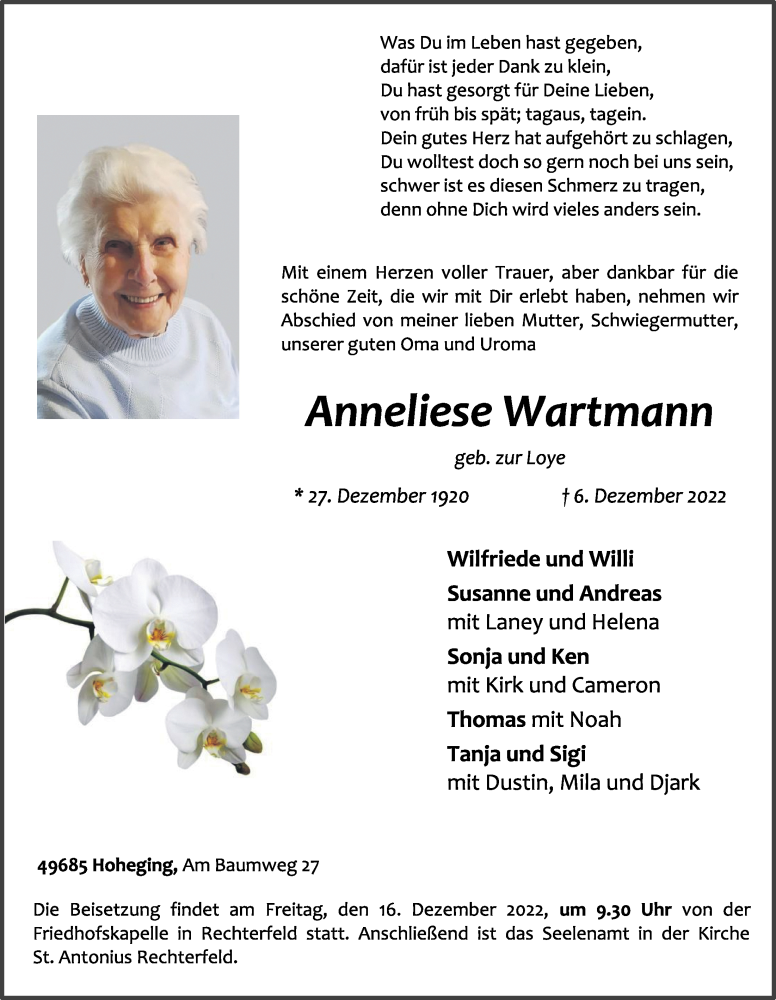  Traueranzeige für Anneliese Wartmann vom 10.12.2022 aus OM-Medien