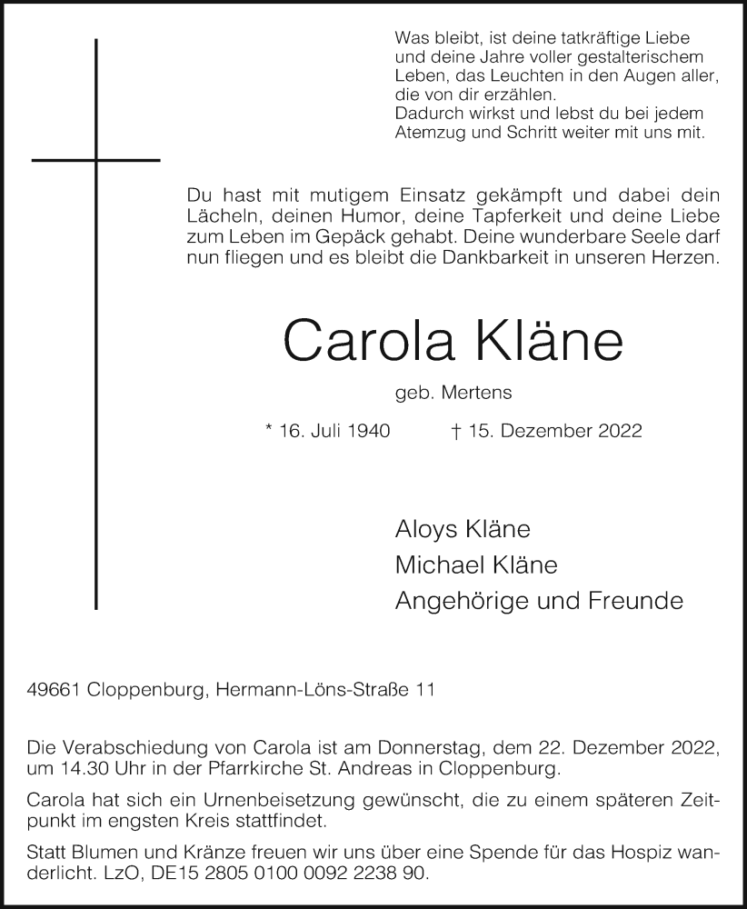  Traueranzeige für Carola Kläne vom 17.12.2022 aus OM-Medien