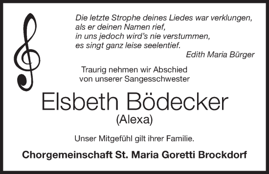 Anzeige von Elsbeth Bödecker von OM-Medien