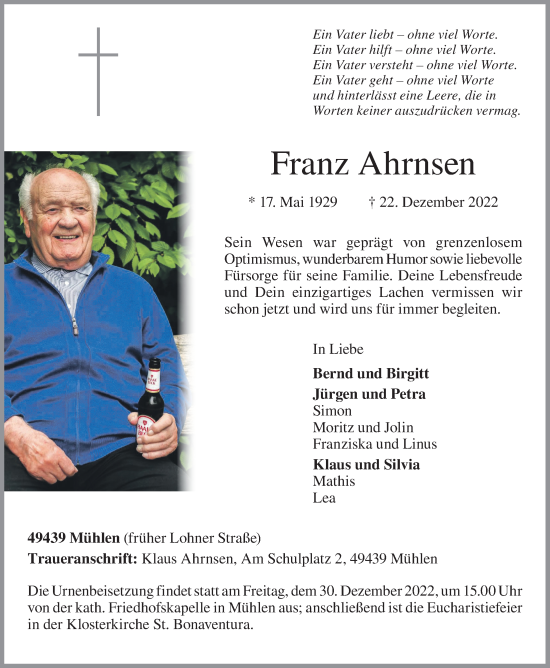 Anzeige von Franz Ahrnsen von OM-Medien