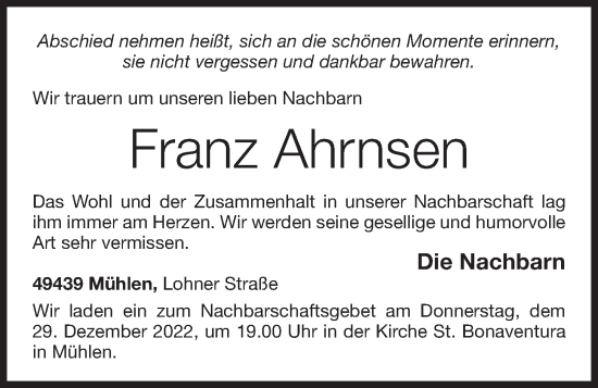 Anzeige von Franz Ahrnsen von OM-Medien