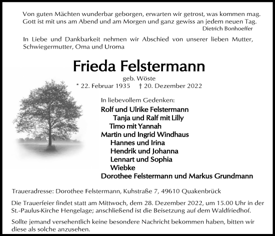 Anzeige von Frieda Felstermann von OM-Medien