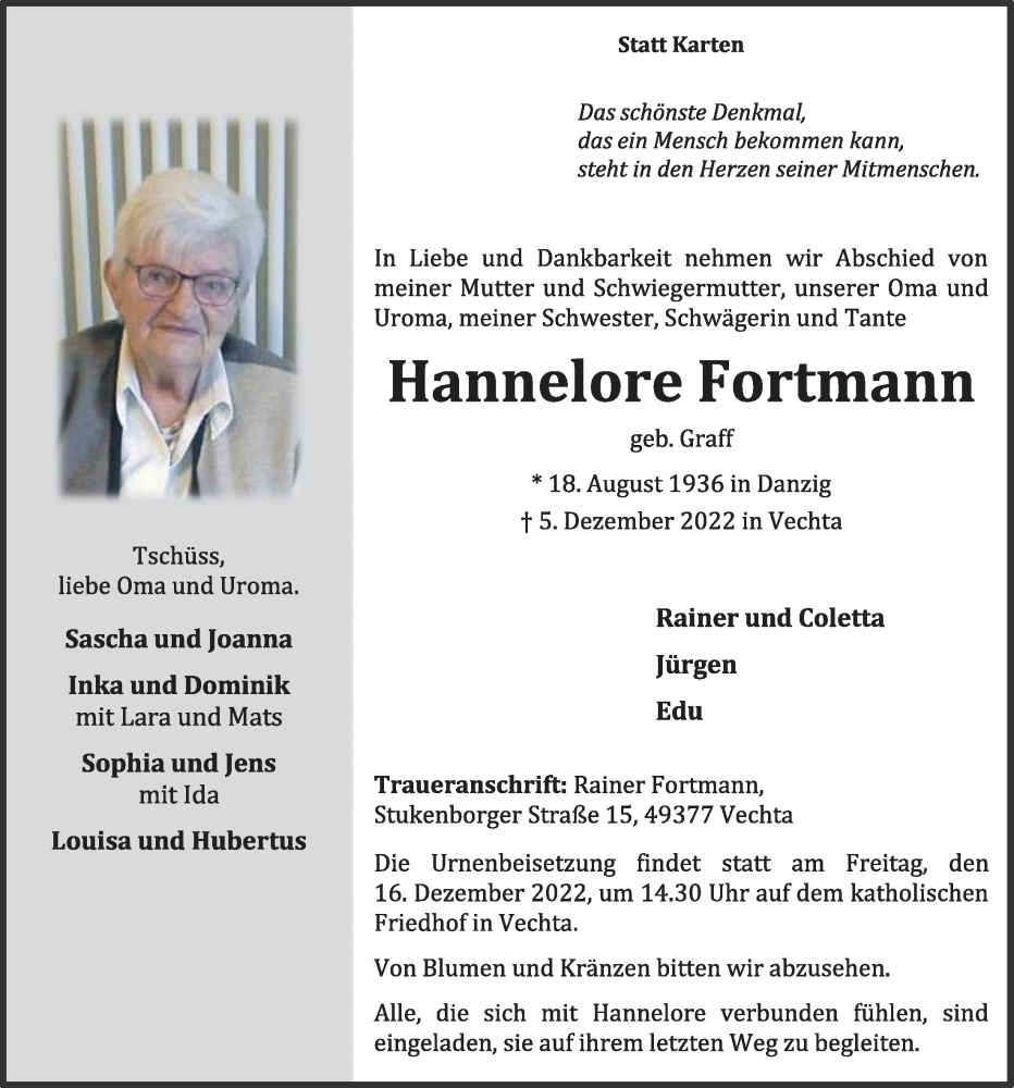  Traueranzeige für Hannelore Fortmann vom 10.12.2022 aus OM-Medien