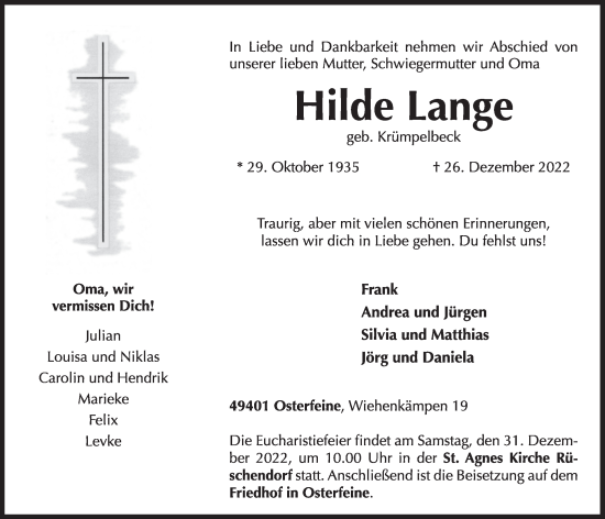 Anzeige von Hilde Lange von OM-Medien