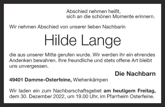 Anzeige von Hilde Lange von OM-Medien