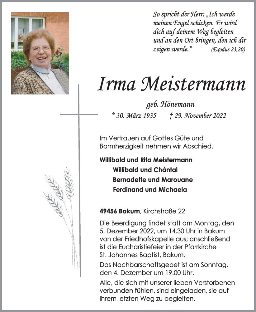 Traueranzeigen von Irma Meistermann | om-trauer.de