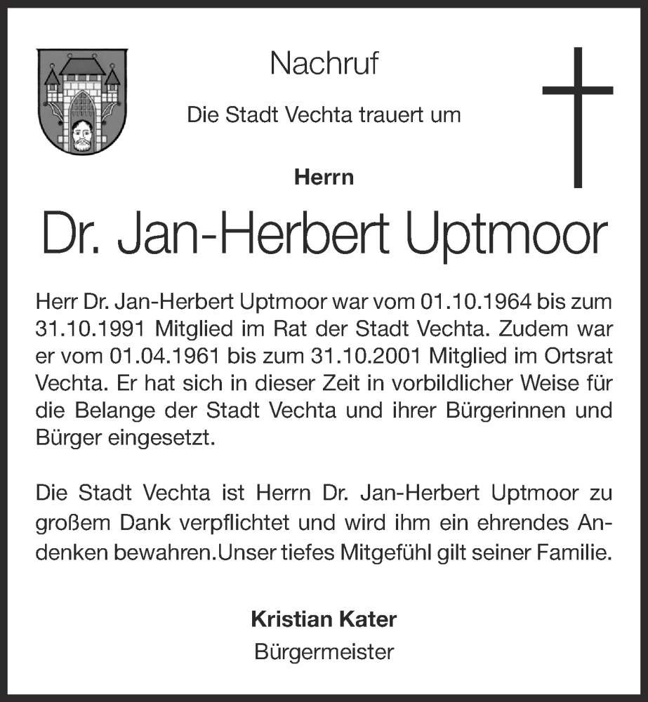  Traueranzeige für Jan-Herbert Uptmoor vom 29.12.2022 aus OM-Medien