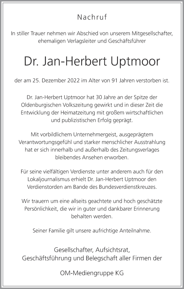  Traueranzeige für Jan-Herbert Uptmoor vom 29.12.2022 aus OM-Medien