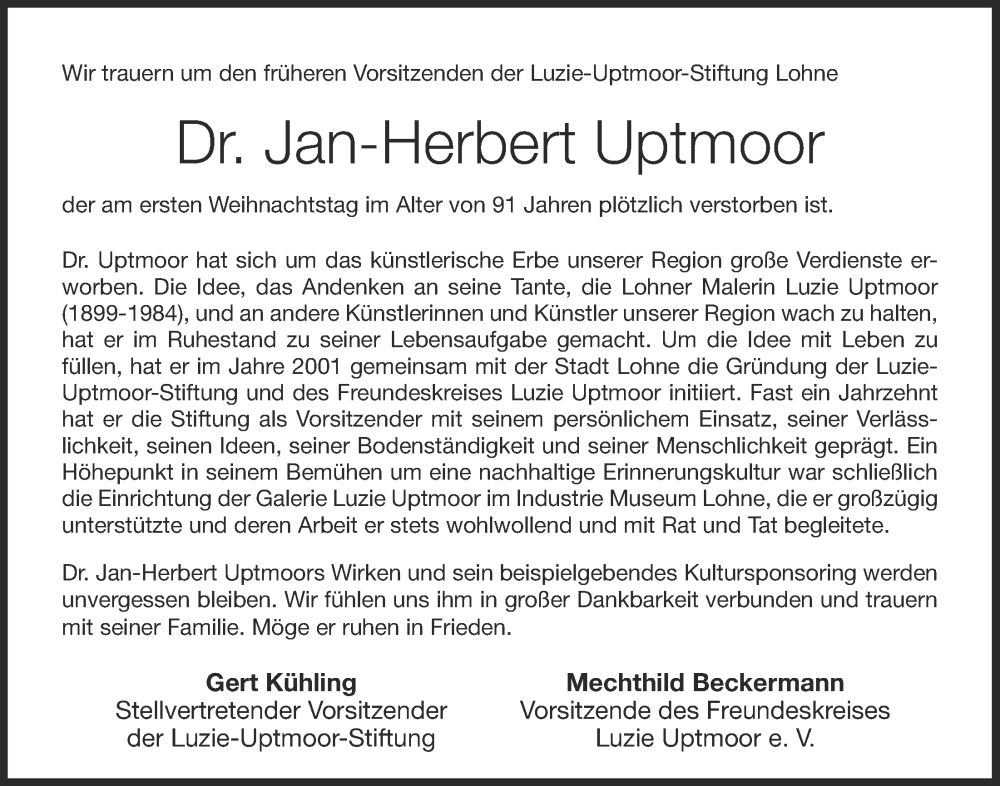  Traueranzeige für Jan-Herbert Uptmoor vom 29.12.2022 aus OM-Medien